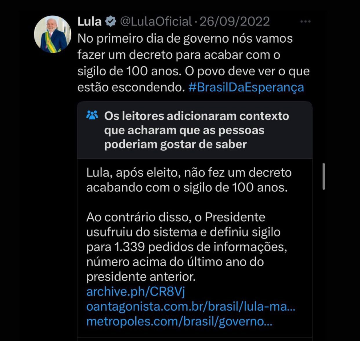 Postagem de Lula com promessa sobre sigilo de 100 anos recebe checagem no X