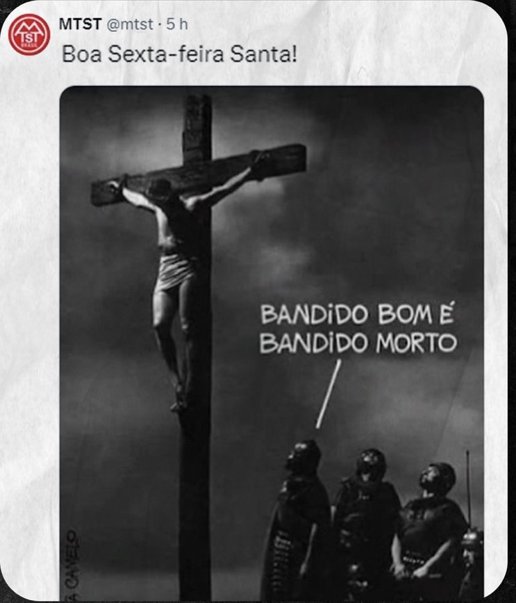 MTST, liderado por Boulos, publica imagem de Cristo com frase: “Bandido bom é bandido morto”