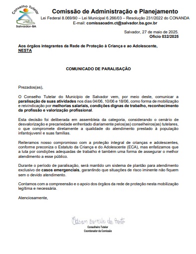 Conselheiros tutelares de Salvador anunciam paralisações