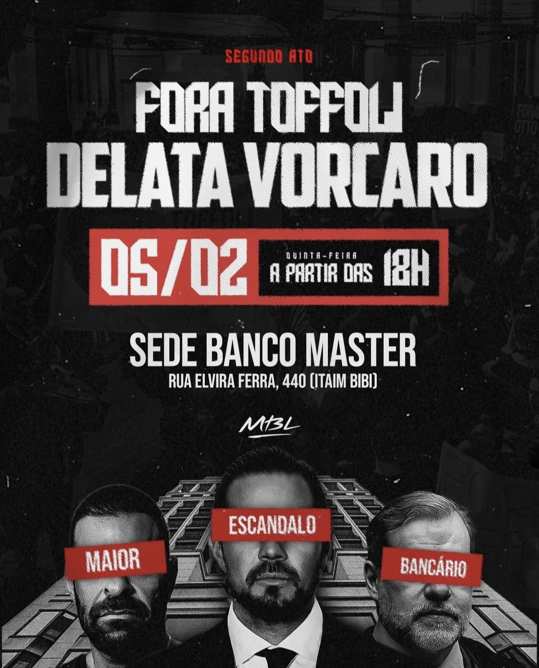 MBL convoca segundo ato de protesto em São Paulo contra Dias Toffoli e Banco Master