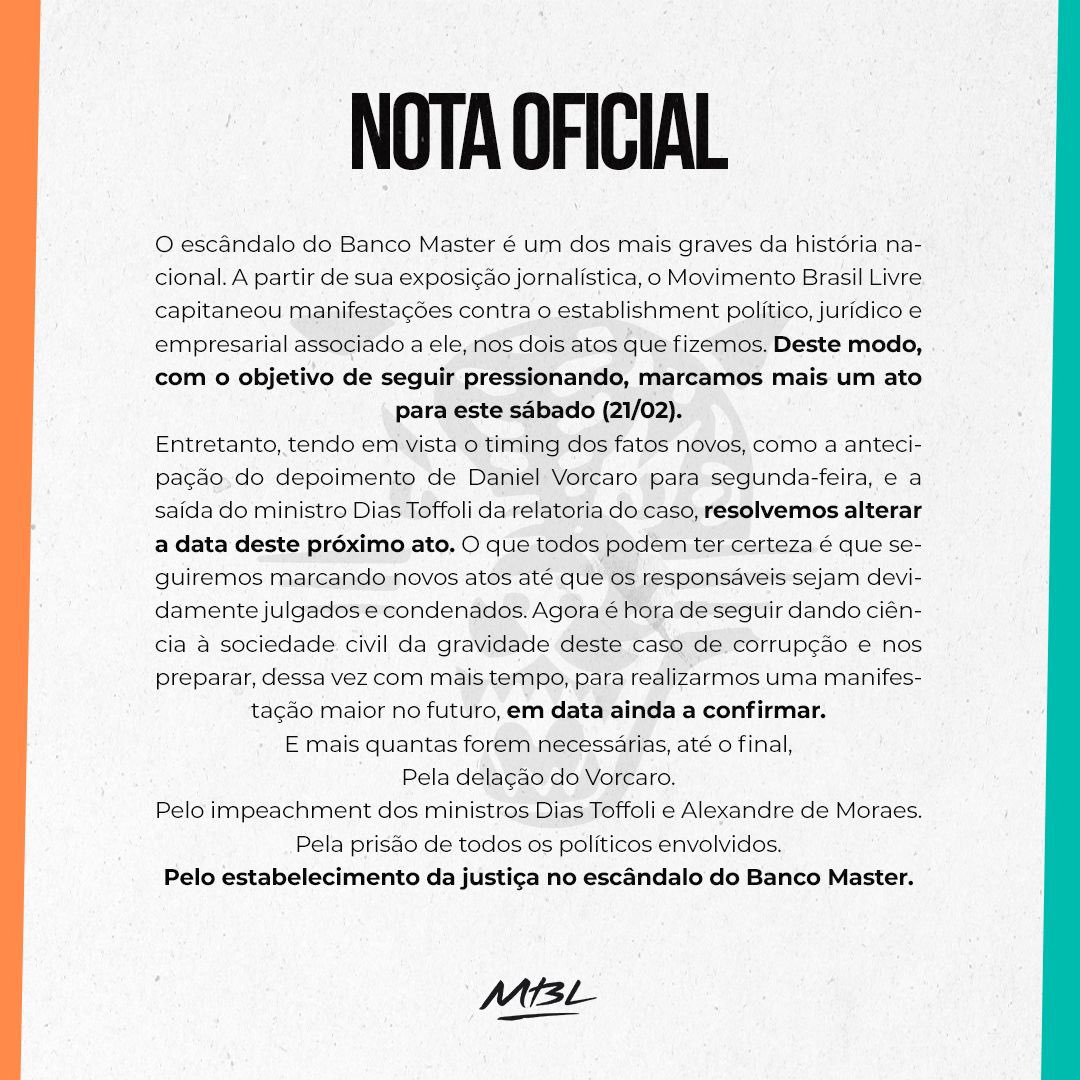 MBL adia manifestação contra escândalo do Banco Master