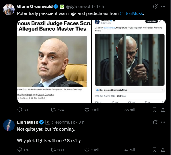 Elon Musk volta a ironizar Alexandre de Moraes em meio a escândalo do Banco Master