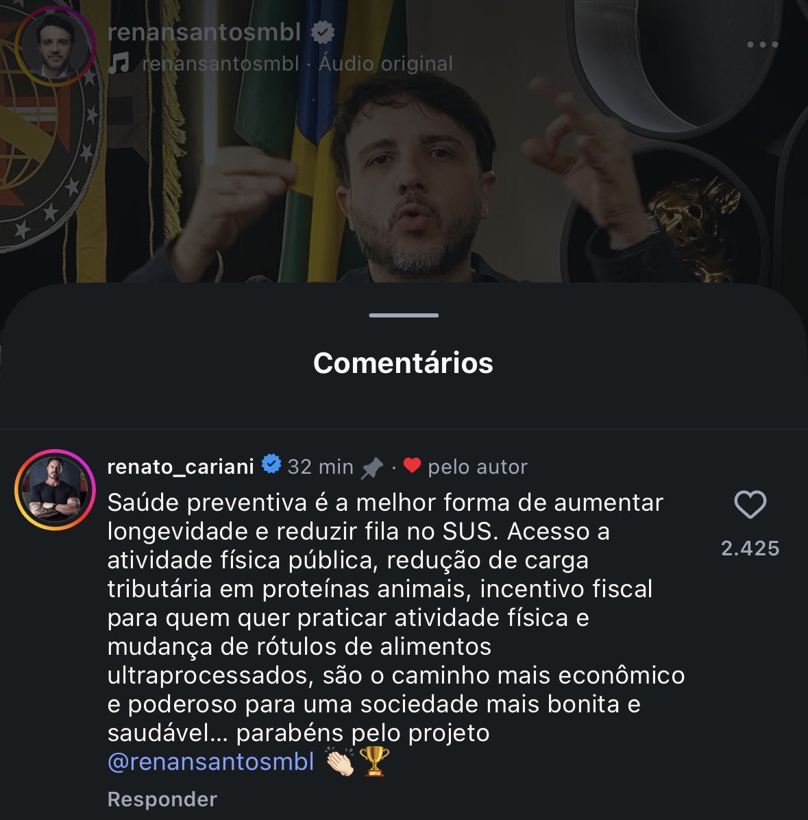 Renato Cariani elogia proposta de Renan Santos para dedução no IR de gastos com academia e saúde
