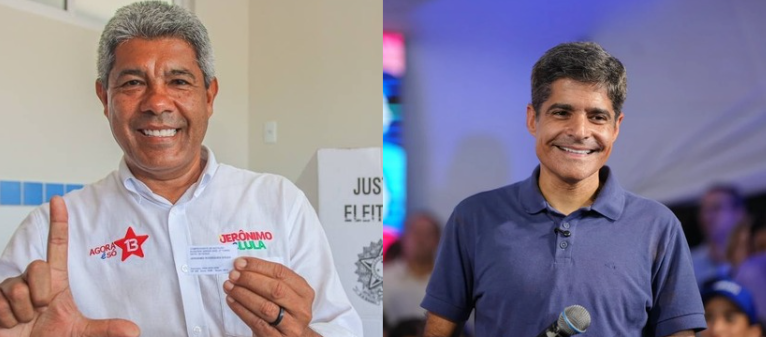 ACM Neto e Jerônimo Rodrigues aparecem lado a lado na disputa pelo governo da Bahia