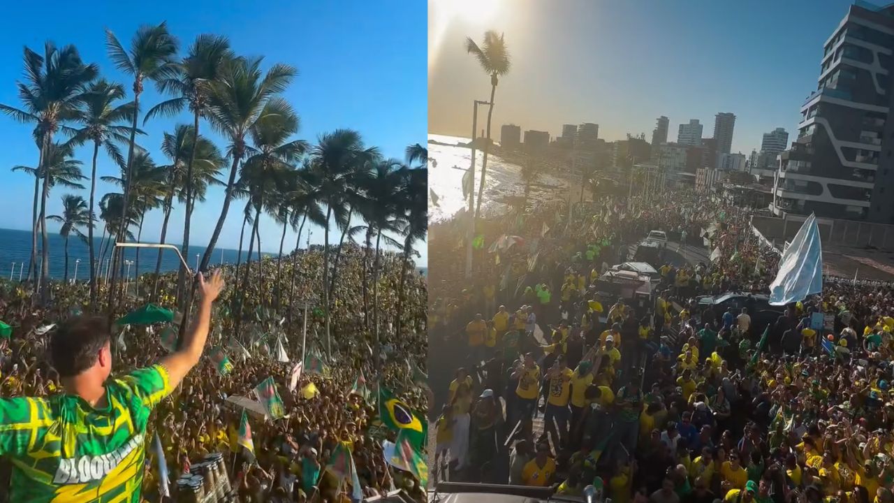Multidão acompanha Flávio Bolsonaro em passeio de trio elétrico pela Barra neste sábado