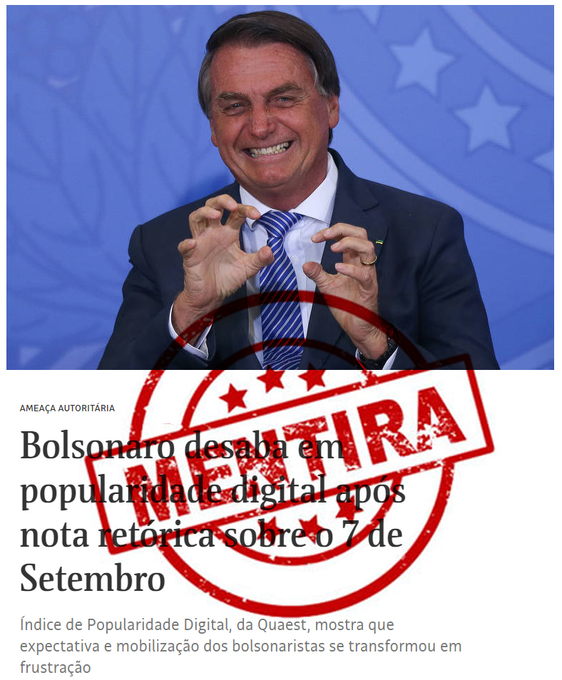 é Falso que popularidade digital de Bolsonaro tenha caído após 7 de Setembro